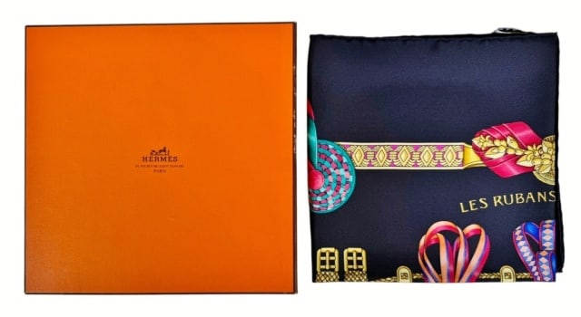 Vintage Boxed Ladies Silk Scarf, Hermes, France: Vintage Ladies Silk Scarf with Box, Signed "Hermes". Polychrome design, excellent condition with tag and original box, scarf measures: 35" x 35"