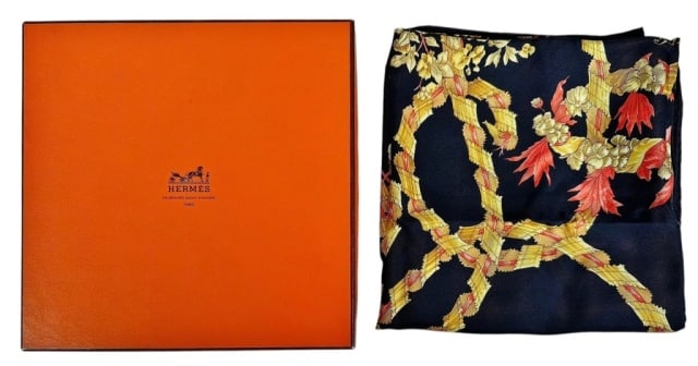 Vintage Boxed Ladies Silk Scarf, Hermes, France: Vintage Ladies Silk Scarf with Box, Signed "Hermes". Polychrome Neoclassical design, excellent condition with original box, scarf measures: 35" x 35"