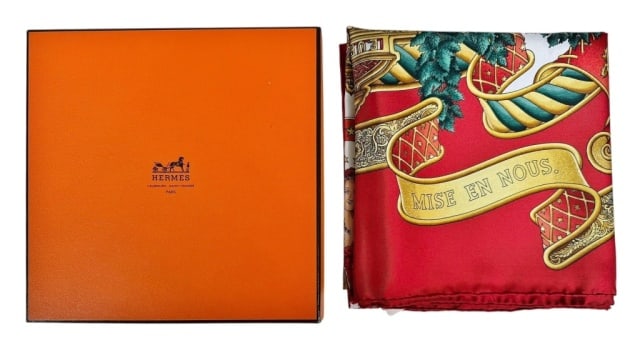 Vintage Boxed Ladies Silk Scarf, Hermes, France: Vintage Ladies Silk Scarf with Box, Signed "Hermes". Polychrome Holiday themed design, excellent condition with tag and original box, scarf measures: 35" x 35"