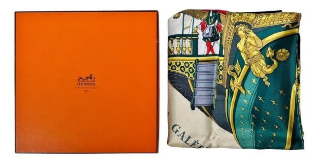 Vintage Boxed Ladies Silk Scarf, Hermes, France: Vintage Ladies Silk Scarf with Box, Signed "Hermes". Polychrome baroque design, good condition with light stain, original box, scarf measures: 35" x 35"