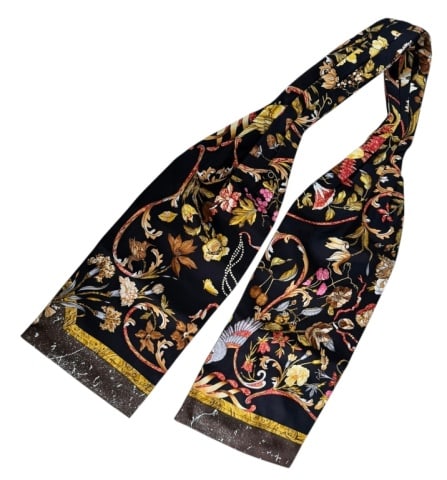 Vintage Silk Ascot Scarf, Hermes, France: Vintage Men's Ascot Silk Scarf, Signed "Hermes". Polychrome design, excellent condition, scarf measures: 44" L
