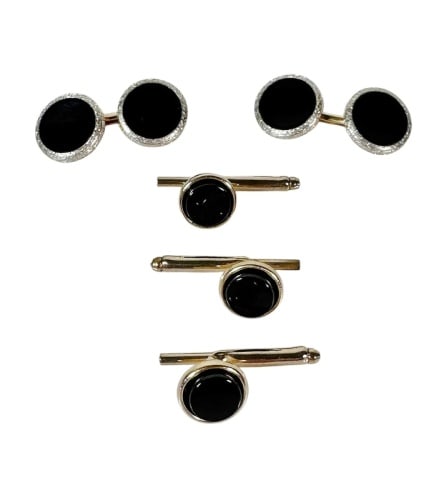 Vintage 14K Gold Onyx Tuxedo Stud Set, (5pc): Vintage Five Piece 14K Gold and Onyx Tuxedo Stud Set. 14K white and yellow gold cufflinks set with onyx stone with three 14K yellow gold and onyx shirt studs. Good condition, total combined assembled 