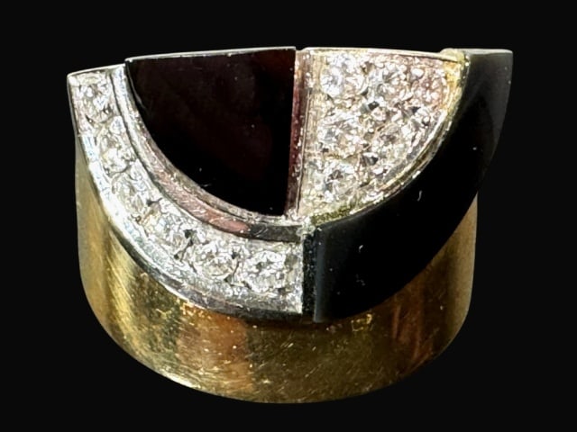 Vintage Art Deco 14K Gold and Diamond Ring: Italian 14K Gold and Diamond Ring, Marked "ITALY". This modernist style ring, crafted from 14K yellow gold consists of a thick band set with two carved onyx pieces and twelve small round cut diamonds.