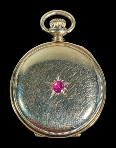 Antique 14K Gold 15J Ladies Pocket Watch, Elgin: Antique 14K Gold Cased 1896 Manufactured 15 Jewel Ladies Pocket Watch, Signed "Elgin". Full hunter case crafted of 14K yellow gold set with one pink tourmaline. Top wind 15J movement, white porcelain 