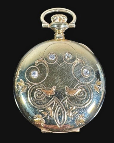 14K Gold Diamond Ladies Pocket Watch, Waltham: Antique 14K Gold Cased 1908 Manufactured 7 Jewel Ladies Pocket Watch, Signed "A.W.W.C WALTHAM MASS.". Full hunter case crafted of 14K yellow gold set with four old mine cut diamonds. Top wind 7J movem
