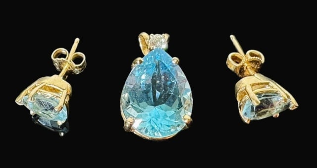 Three 14K Gold Aquamarine Earrings, Pendant (3pc) (1 of 4)