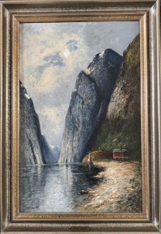 Norway Oil on Canvas Painting, Olaf Brystorf: Vintage Oil on Canvas Painting, Signed "O. Brystorf" (Olaf Brystorf, Norwegian, 1842 - 1904). Painting of a fjord with small cottage and boat in foreground. Good condition, painting set into wooden fr