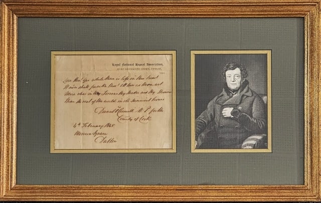Signed Letter, Irish Politician Daniel O'Connell: Autographed letter in ink sent on 27 May 1829 to an unknown recipient by Irish politician Daniel O'Connell. Letter addressed from "19 Berey St" with text that reads: "My dear Sir: I would have great p