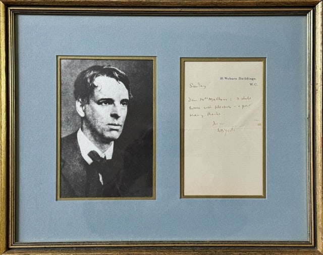 Signed Letter, Irish Poet William Butler Yeats: Autographed letter in ink sent by Irish poet William Butler Yeats to "Mr. Mathers" dated "Sunday" [no month or year] on letterhead addressed "18 Woburn Buildings, W.C." Short text in his hand reads: "