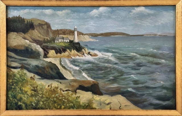 Oil On Canvas Painting, Coastal Scene, T. Bailey: 20th C. Oil on Canvas Painting, Signed "T. Bailey", (Pseudonym used by Massachusetts Artist Collective). Scene of a rocky coast with lighthouse. Good condition, set in wooden frame. measures: 20.75" H