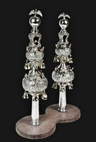1923 Dated English Sterling Silver Torah Finials: Pair of Antique Sterling Silver Torah Finials. Hallmarked London, dated 1923, makers mark, "JR". The three tiered torah finials, "Rimonim", are decorated with floral and foliate repousse embellishment