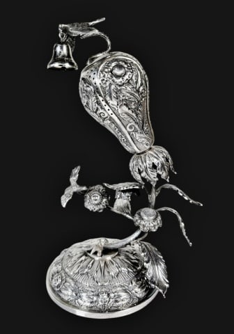Antique Hungarian .835 Silver Spice Box: Antique Hungarian .835 Silver "Besamim" Spice Box. Piriform besamim with floral and foliate repousse balanced on ornate floral pedestal base. The inverted silver pear shape is pierced to enhance the a