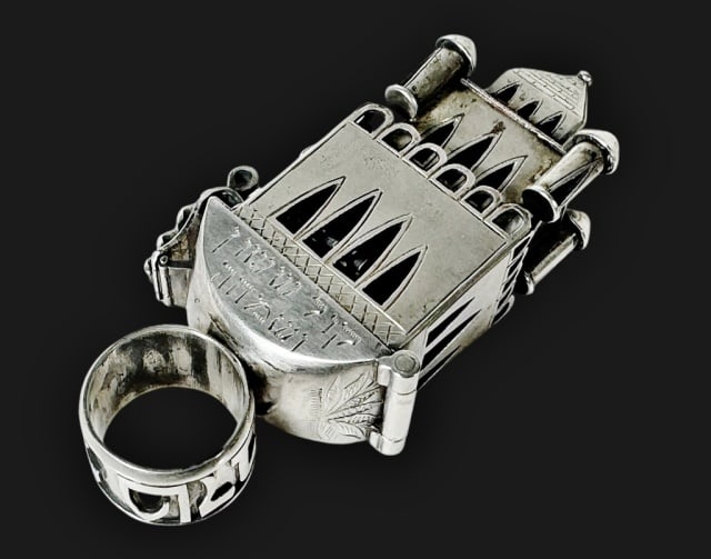 Antique Silver Wedding Ring: Antique Sephardic Ceremonial Wedding Ring. Crafted with an ornate miniature temple and used under the Chuppah during Jewish wedding ceremonies. Openwork multi-tiered Temple with turrets, tiny windows 