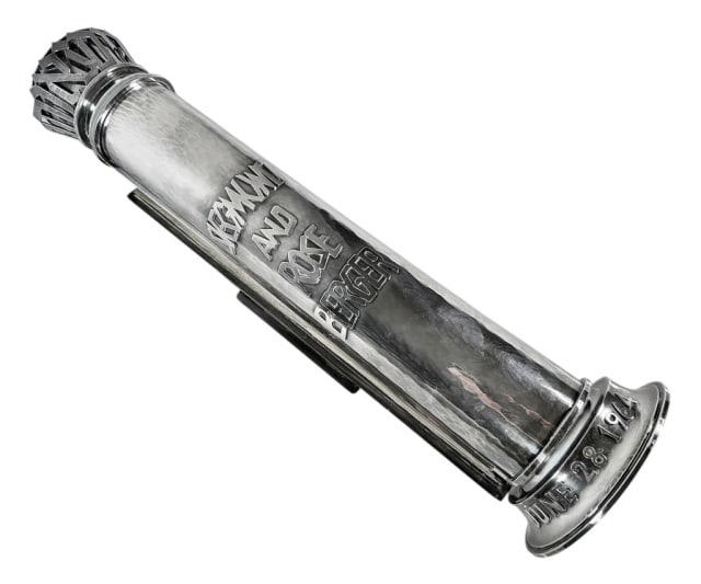 Sterling Silver Memorial Scroll, Ludwig Wolpert: Vintage Sterling Ludwig Wolpert (1900-1981) Commemorative Scroll. Hallmarked, "Sterling" and "Wolpert" made in Israel. Dedication in relief on hammered sterling case reads, "Segmund and Rose Berger Ju