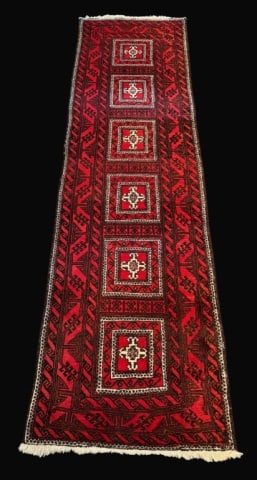 Vintage Hand Loomed Oriental Runner Rug: Vintage Hand Loomed Oriental Runner Rug. Garnet, white and dark russet colors with traditional center panels and Greek key scroll border. Good condition, measures: 105" x 30.5"