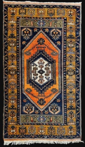Vintage Hand Loomed Oriental Scatter Rug: Vintage Hand Loomed Oriental Scatter Rug. Orange, blue, rust and white colors. Floral and geometric decoration with center medallion. Good condition, measures: 73" x 41"