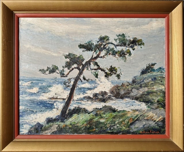 Painting, Oil on Canvas, William Fisher: Oil on Canvas Painting, Signed "William Fisher", (William Fisher, American, 1891-1985). Maine coastal scene with wind bent tree. Good condition, set in wooden frame, measures: 29" H x 35.25" W, image: