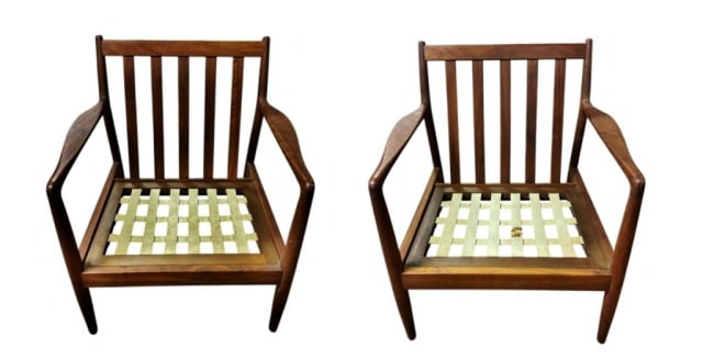Pair, Danish Modern Lounge Chairs, DUX (2pc): Pair of Danish Modern Lounge Chairs, Signed "IMPORTED DUX MADE IN DENMARK". Teak construction with carved arms and slat backs. Seats with rawhide support grid (no cushions). Good condition, measure: 2