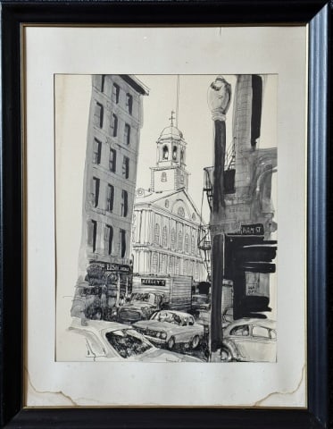Watercolor Ink on Paper, Robert E. Kennedy: Vintage Watercolor and Ink on Paper, Robert E. Kennedy, (Robert E. Kennedy, American, b. 1936) Scene of intersection of Boston's Faneuil Hall with cars in foreground. Good condition (matting damp stai