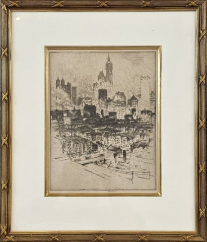 Antique Etching, Joe Pennell: Antique Etching of New York City, Signed "Pennell", (Joe Pennell, American, 1857-1926). Etching of a view of Manhattan from Brooklyn, New York. Good condition, matted and framed under glass, measures: