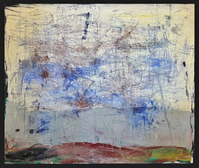 Large Mixed Media Abstract on Canvas, Nichols: Abstract Acrylic Mixed Media Painting on Canvas, Signed "Nichols". Unframed painting inscribed reverse "Nichols The Deep Breath of Dawn Acrylic and Mixed on Canvas 60" x 72" 1996" Painting measures: 6