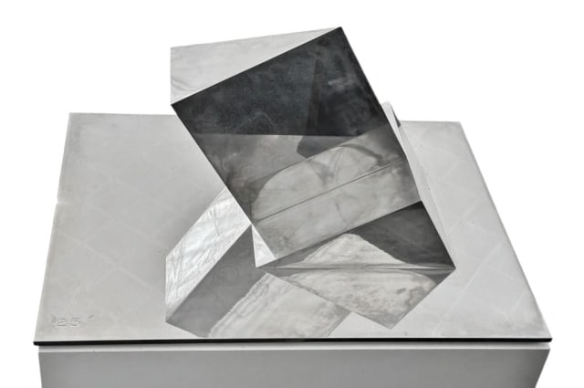 Modernist Steel Sculpture, James Prestini: Modernist Steel Sculpture, James Presini, (James Libero Prestini, American / Italian 1908-1993). Abstract sculpture with polished reflective surfaces marked "25". Sculpture with painted wooden base. G