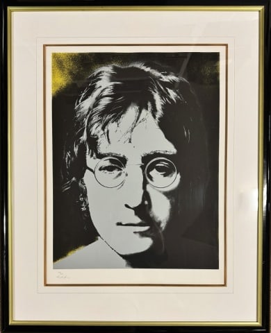 Lithograph, John Lennon, Signed Yoko Ono: Contemporary Lithograph Portrait of John Lennon, Signed "Yoko Ono". Large format lithograph signed lower left corner and numbered in pencil "173/300". Framed and matted under glass, measures: 40.75" H