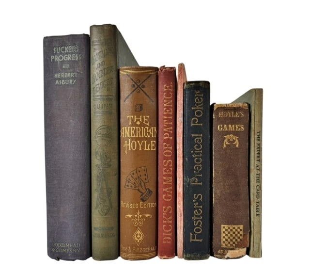 Books, Gambling Devices, Cards, History (8pc): Collection of Eight Gambling Related Books: (1) "Gambling and Gambling Devices" by John Philip Quinn (Canton, Ohio: J.P. Quinn Company, 1912), 8vo, cloth, 308pp. 1st edition; (1) "Sucker's Progress: A