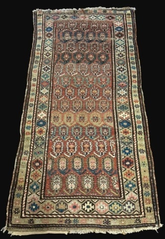 Antique Caucasian Oriental Scatter Rug: Antique Hand Loomed Caucasian Oriental Scatter Rug. Traditional Caucasian geometric design in pinks, reds, blues, greens and beige colors. Good condition with wear and some loss to fringe and selvedge