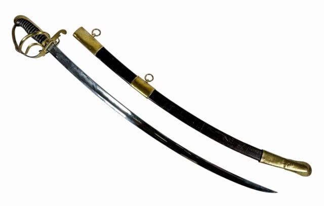 19th C American Militia Officer Sword: 19th C. American Militia Officers Sword. Curved single fullered steel blade, cast three branch guard with quillion and wire wrapped leather grip. Sword accompanied by sewn leather scabbard with throat