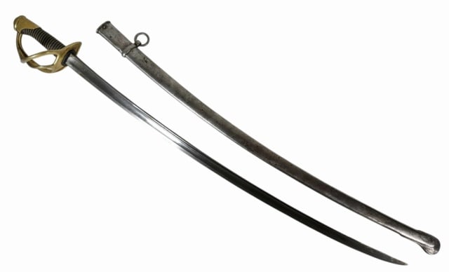 French Model 1822 Cavalry Sword: French Model 1822 Cavalry Sword. Single fullered curved steel blade, arsenal engraved on spine with "1822" date. Hilt with cast brass three branch guard, wire wrapped leather grip. Sword accompanied b