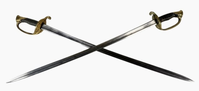 Two French Model 1855 Officer Swords (2pc): Two French Model 1855 Officer Swords. Swords with fullered curved steel blades with arsenal inscription on spine. Cast reticulated brass guards with foliate decoration, one with horn grip, one with wi