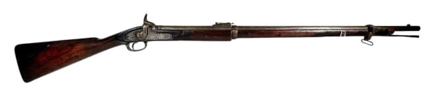 1857 Dated British Tower Musket: 1857 Dated Civil War Era British Pattern 1853 Percussion Tower Musket. Carved walnut two banded stock with proofed steel barrel, brass stock cap, butt plate, side plate is signed "Tower" with a Crown 