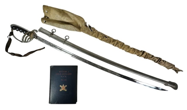 US Army Model 1902 Sword, Scabbard, Named (3pc): 1902 US Army Model sword and scabbard with blade etched "William E. Putnam, Jr" and "Battery AFA MVM" (Battery A, Field Artillery, Massachusetts Volunteer Militia). Etched blade, decorative, with "Ben