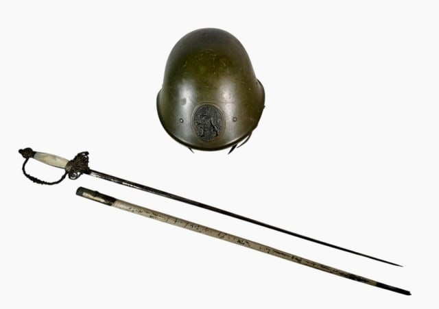 WW2 Dutch Officer Helmet and Sword, Named: World War Two Dutch Officer's Combat Helmet and Dress Sword. Both belonged to Officer Robert Louis Alexander Hellwig (Accompanied by copy of photograph wearing the sword): (1) Steel helmet in green pa