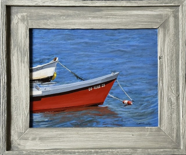 Oil on Canvas Painting, Cape Cod Dories, C. Wood: Contemporary Oil on Canvas Painting, Signed "C. Wood". Painting of bows of two boats on moorings, signed lower right corner. Good condition, set in wooden frame, measures: 16" H x 19.25" W, image: 10"