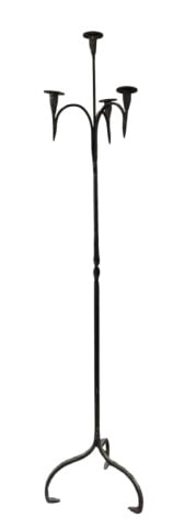 Wrought Iron Floor Candle Stand: Blacksmith Made Wrought Iron Floor Candle Stand. Five candle holders, center post with twist on tripod base. Good condition with old oxidation, black paint, measures: 59.75" H