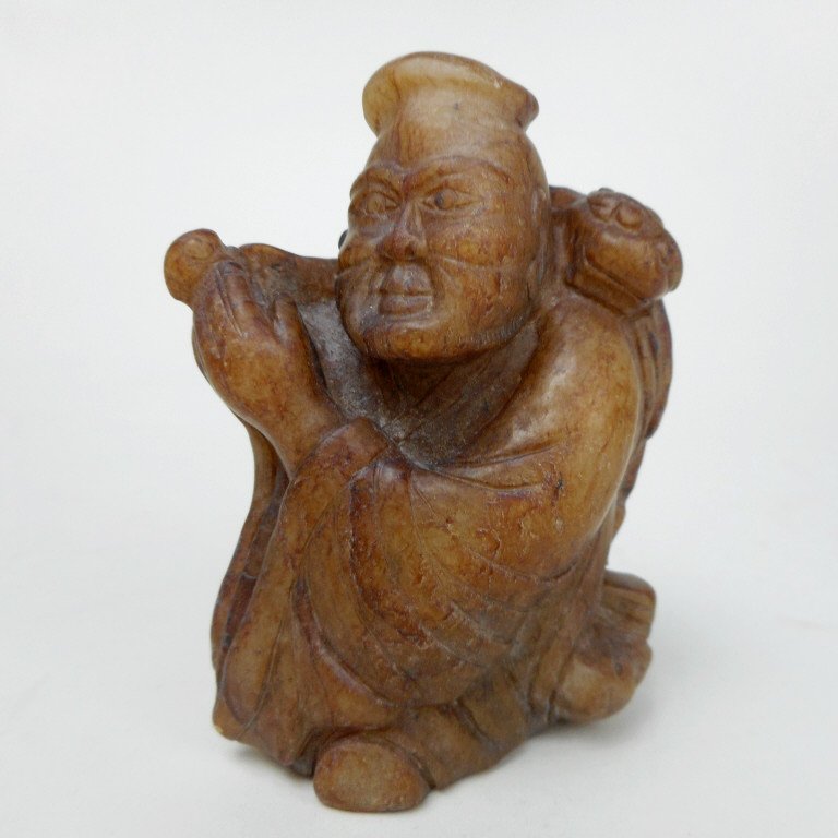 Jade Male Figure Carrying a Turtle: Reddish-yellow jade carving of a kneeling robed male figure with a turtle on his back. Ming Dynasty (1368-1644) unearthed in Suzhou. 4.5"H