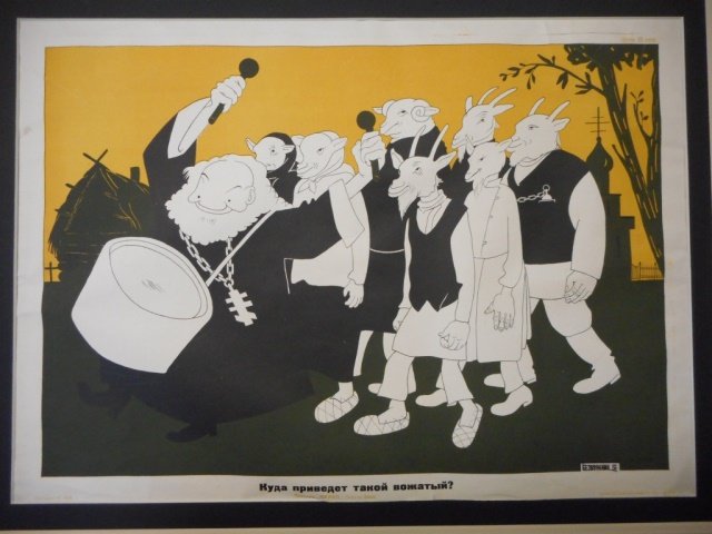 MOOR, DMITRY, Soviet Anti- Religion Poster: Poster reads, "Where will such lead?" Depicts an orthodox priest leading a flock of sheep while beating a drum. Artist: Dmitry Moor [Dmitry Stakhievich Orlov], (1883-1946). Scattered wrinkles with sma