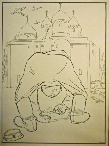 MOOR, DMITRY, WWII Era Monochrome Print: Depicts Nazi soldier lighting a fuse in front of a Russian church with German planes flying overhead. Artist: Dmitry Moor [Dmitry Stakhievich Orlov], (1883-1946). Matted, framed under glass. 13.75"H x