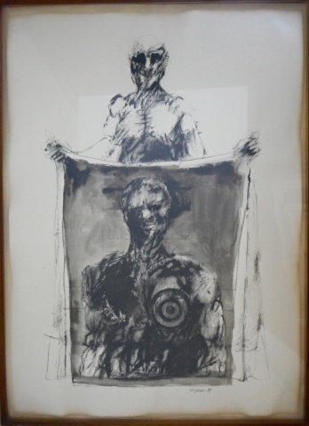 ARISMAN, Marshal Abstract Painting "Autobiography": Ink and watercolor on paper titled, "Autobiography" by American illustrator and artist, Marshall Arisman. Paper tag affixed to reverse bears title. Signed and dated bottom center, "M. Arisman 1964". A