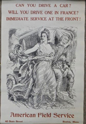 U.S. WWI Propaganda Poster, 1917: "Can you drive a car? Will you drive one in France? Immediate service at the front!". Original lithograph U.S. propaganda poster by artist, Charles Dana Gibson (1867-1944), circa 1917. 21"H x 14"W