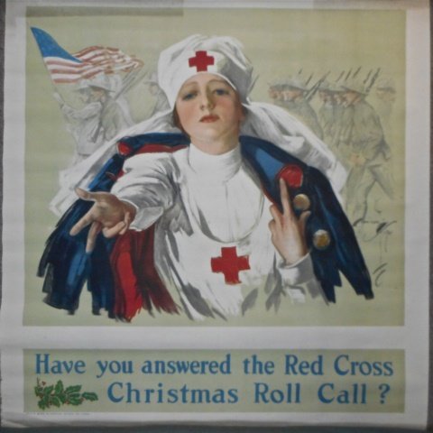 Red Cross Christmas Roll Call Poster, 1918: "Have You Answered The Red Cross Christmas Roll Call?". Original color lithograph poster by artist, Harrison Fisher (1875-1934), circa 1918. 29"H x 28"W_x000D_ _x000D_ CONDITION REPORT: Two edge tears
