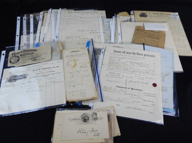 Collection of 19th C. Ephemera: Over one hundred pieces of 19th century ephemera including receipts, ledgers, postal cards, correspondence, advertisements, Hingham Mutual Fire Insurance Co. documents, and a sermon delivered in Windh