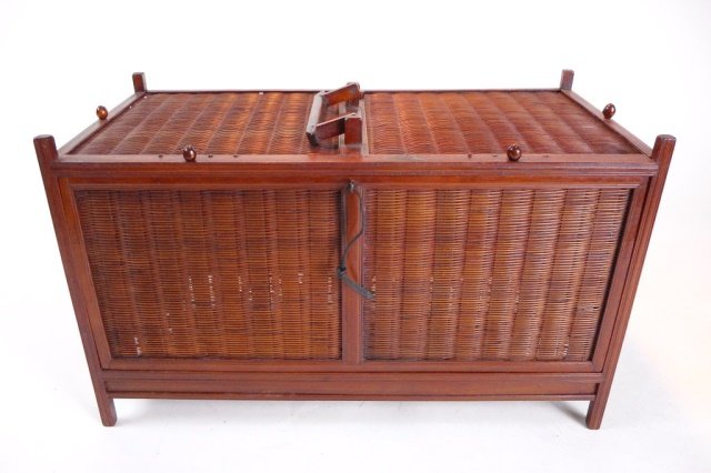 Antique Chinese Double Birdcage: In reed and bamboo construction, having three detachable side panels, and four hand painted blue and white feeders. 7"H x 12.75"W x 6.5"D Provenance: Private Massachusetts collection.