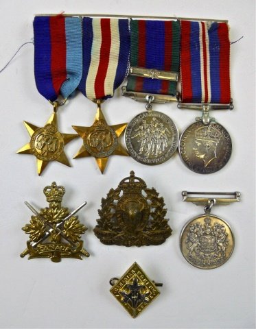 WWII Canadian Medals and Insignia (8pc): One four place die struck alloy and silver medal bar, with British 1939-45 War metal, Canada 1939-45 medal in silver, France and Germany Star, 1939-45 Star. Additional Canada 1939-45 Medal, Canada Cap
