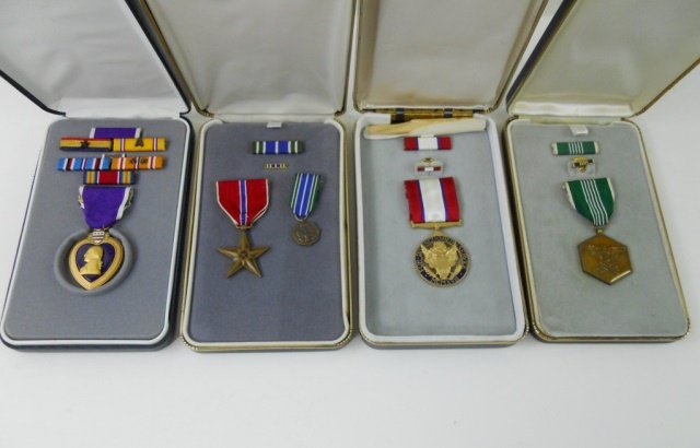WWII Era US Military Medals, Cased (4pc): Group of four cased medals consists of post war Purple Heart, die struck with enamel and gilt surfaces. Obverse carries Washington's profile on heart shaped purple enamel surmounted by shield and laur