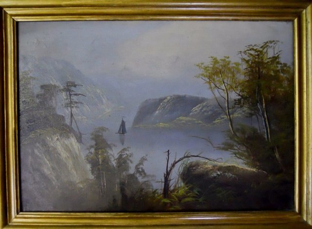 19th C. Hudson River Valley School, Oil on Canvas: Painting of single sailing vessel flanked by large cliffs and trees in foreground. Set in wooden frame. Measures 16.5" H x 22.5"W