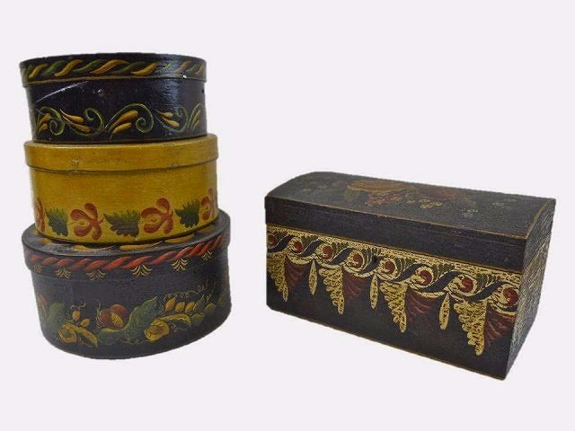 19th C. Folk Painted Pantry Boxes and Chest (4pc): Three 19th C. wood lidded pantry boxes with polychrome decoration, hand painted in detailed foliate designs. Meaure 8.5"D to 7.25"D. One dome top document box in early paint decoration, interior with 