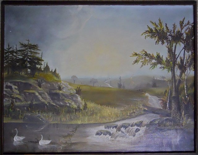 19th C. Painting, Oil on Canvas, W.W. BOYDEN, 1878: Hudson River Valley School oil on canvas depicts landscape with river wooded hills and two swans in foreground. Signed lower left corner, "W.W. Boyden 1878". In period wood frame. One tape repaired te